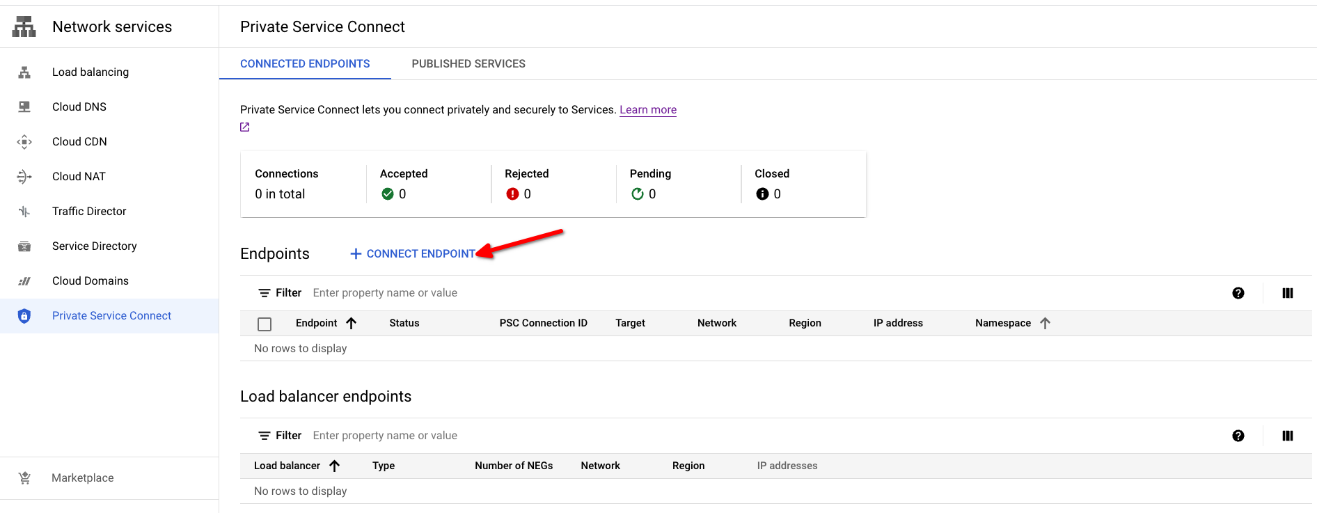 Google Cloud console에서 Private Service Connect 열기
