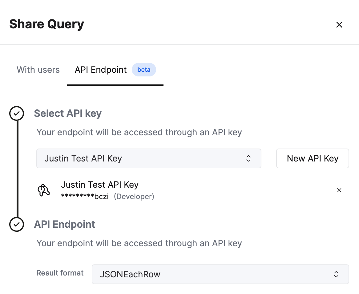 Query Endpoints 구성과 출력 형식 옵션을 보여주는 ClickHouse Cloud 인터페이스