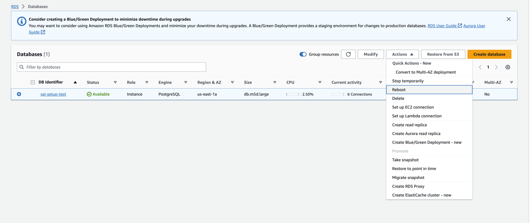 RDS Postgres 재부팅